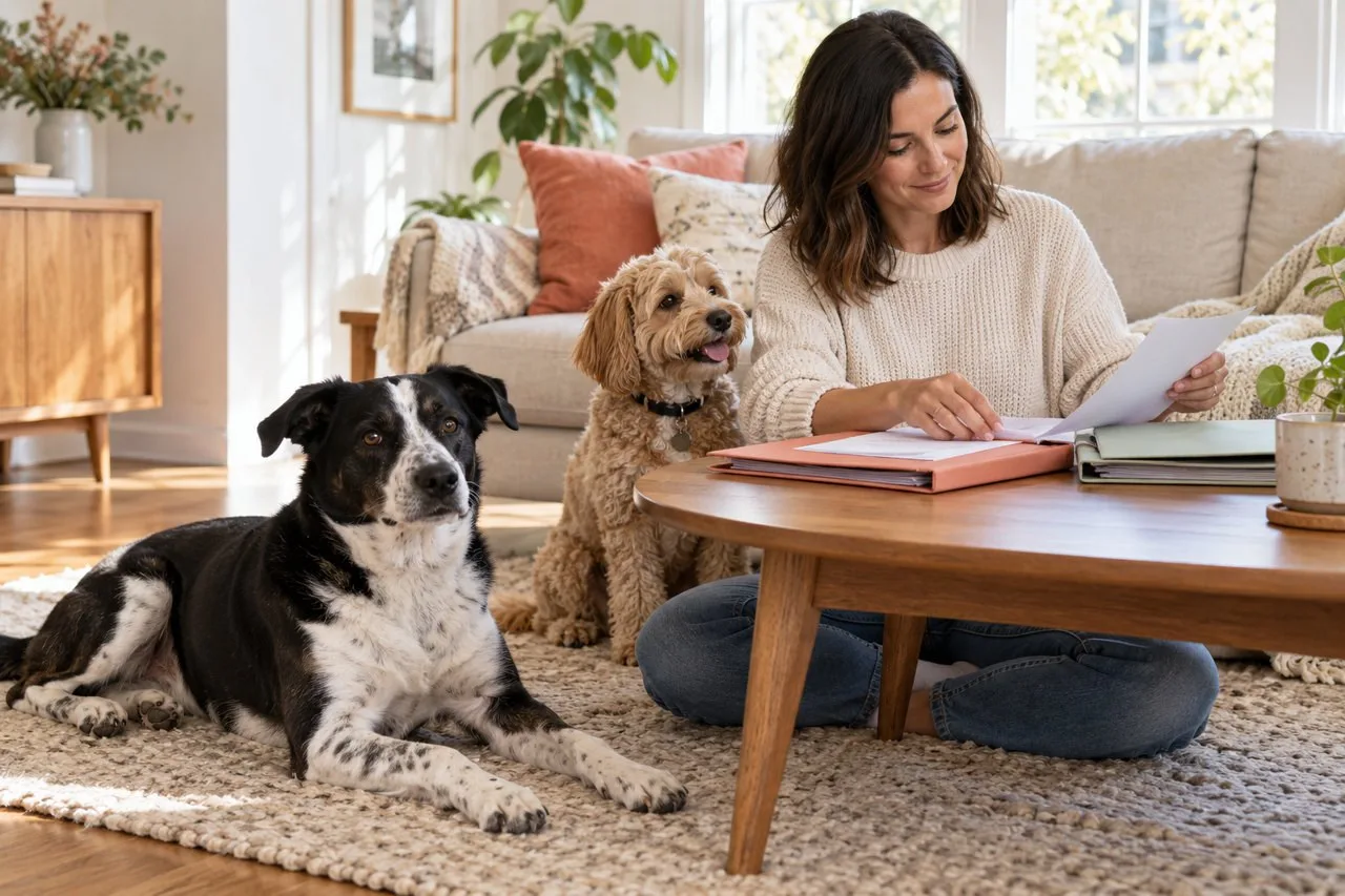 Owner organizing separate papers at home beside two dogs